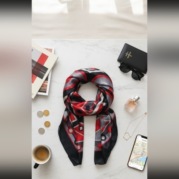 None Accessories - Vintage Geometric Scarf Red Black Gray Polyester